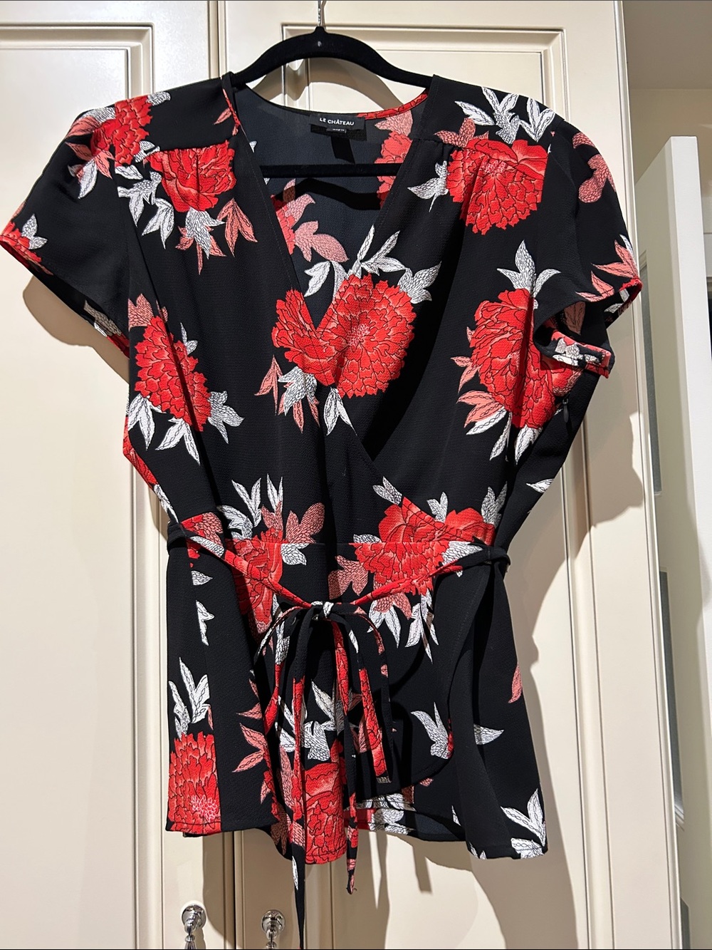 le chateau Black Floral Wrap Blouse with Red and White Flowers